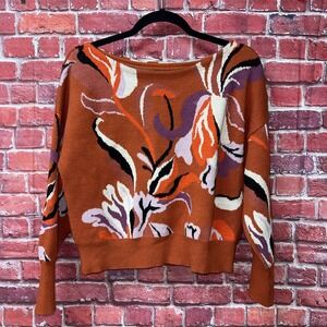 Abstract Floral Knit Sweater Rust Orange Boat Neck Long Sleeve Relaxed Fit